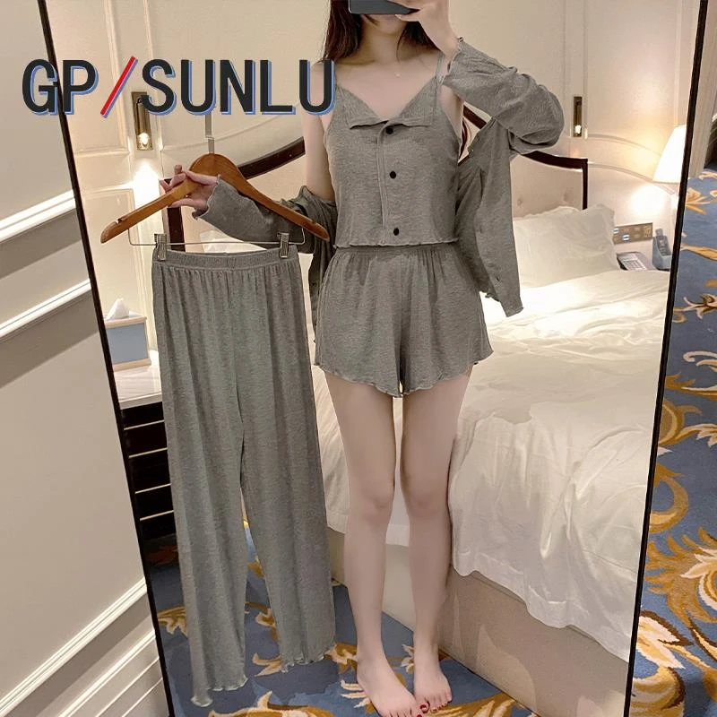 日本小众GP带胸垫小吊带睡衣女春秋季莫代尔长袖三件套简约甜美纯