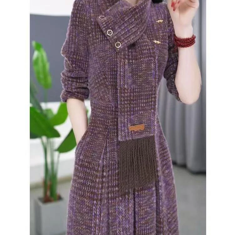 2025新款秋冬季复古通勤遮肉显瘦中长款圆领长袖裙子连衣裙3006