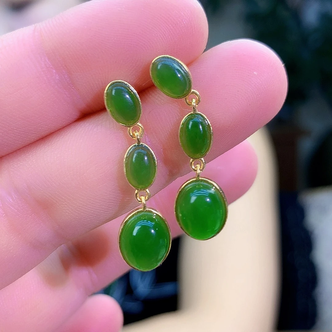 吊坠(不含链)银S925镶嵌和田玉（碧玉）耳钉