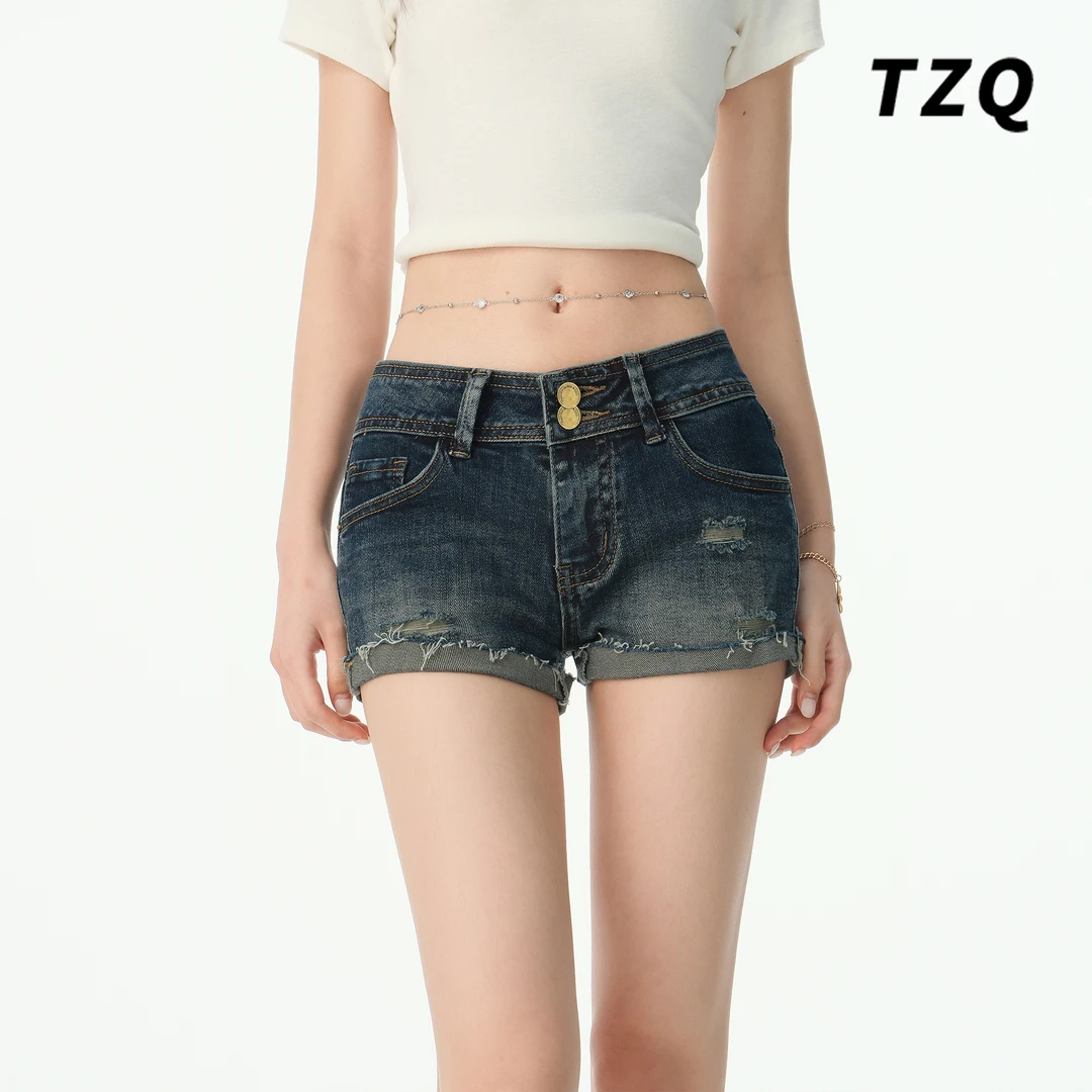 复古牛仔超短裤女夏季性感低腰卷边裤子美式热辣紧身包臀热裤外穿