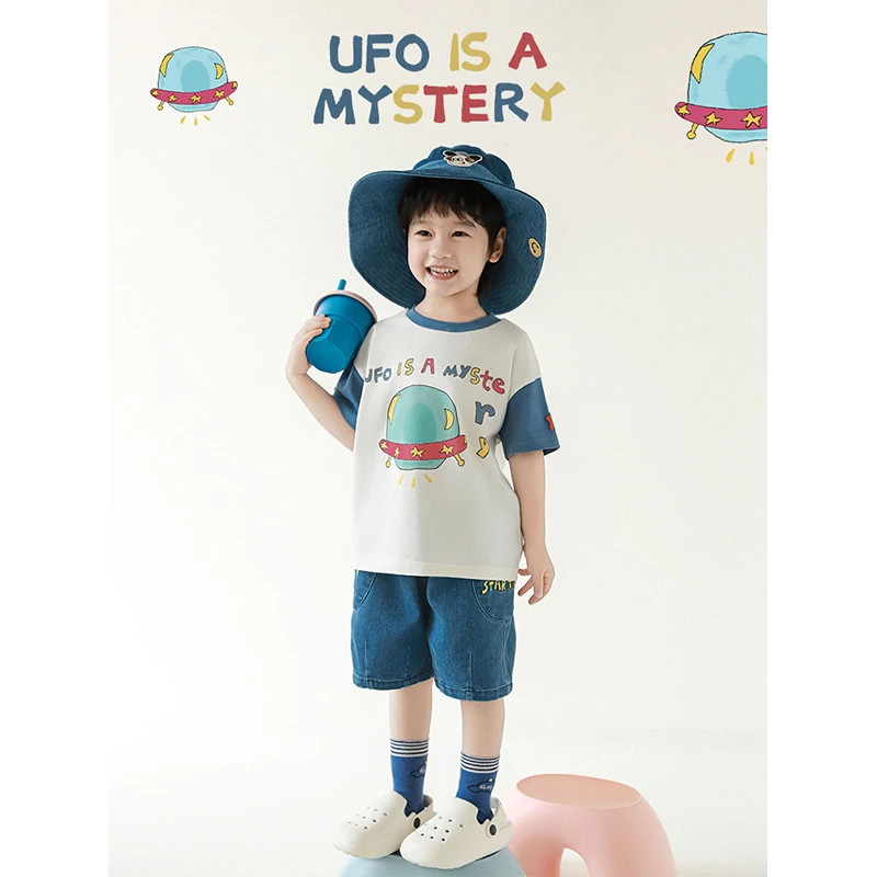 淸  幼悠夏五波上【趣味欢快】漫画数码印 撞色拼袖T恤 N6230