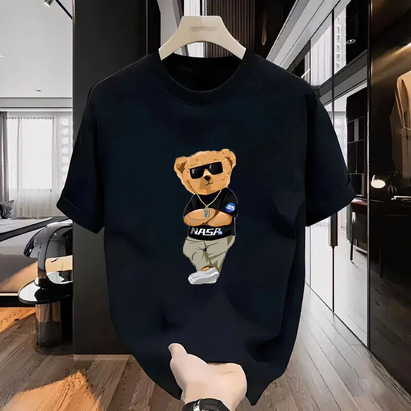 仓石一树黑色小熊印花短袖男士t恤青年潮牌夏季宽松潮流百搭T上衣