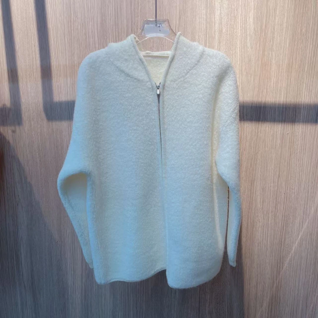 新款时尚百搭宽松拉链款羊毛连帽外套