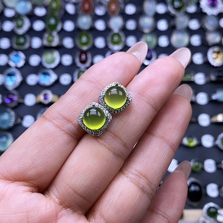 岫玉耳钉银S925镶嵌丫*?