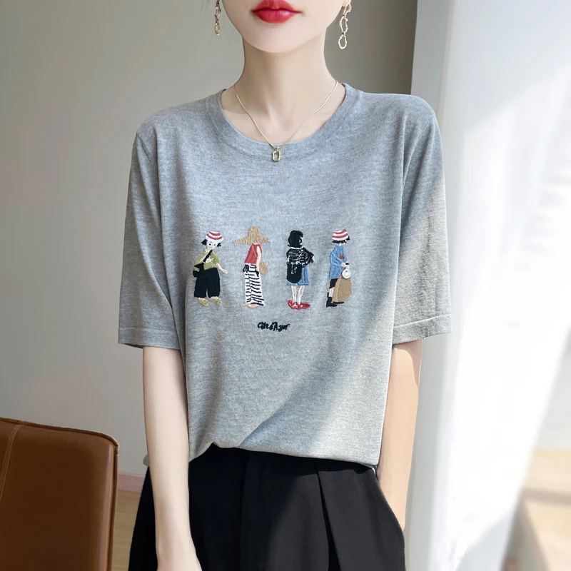 夏季新款竹节麻刺绣四个女孩针织短袖时尚百搭宽松透气显瘦设计感