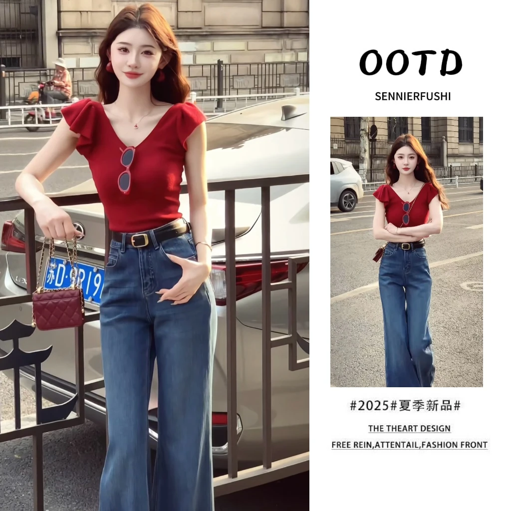 今年流行穿搭一整套2025夏季新款v领修身红色短袖牛仔裤两件套装