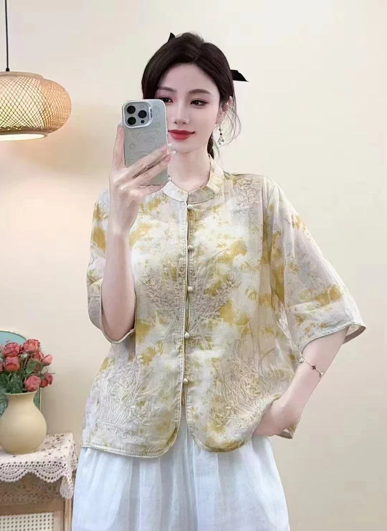 100%苎麻2025爆款新中式重工刺绣开衫超仙年轻包扣立领显瘦宽松