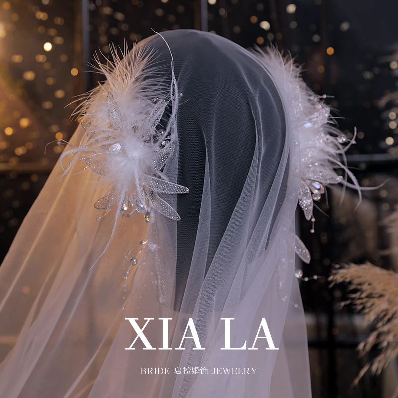 S026夏拉仙气梦幻白色羽毛亮片花瓣新娘头饰串珠对花发夹婚纱发饰