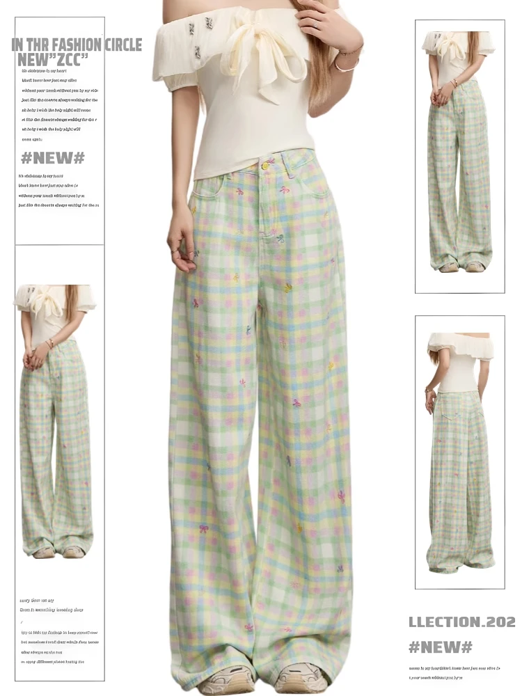 夏日多巴胺蝴蝶结撞色格子牛仔裤女2025新款小个子宽松高腰阔腿裤