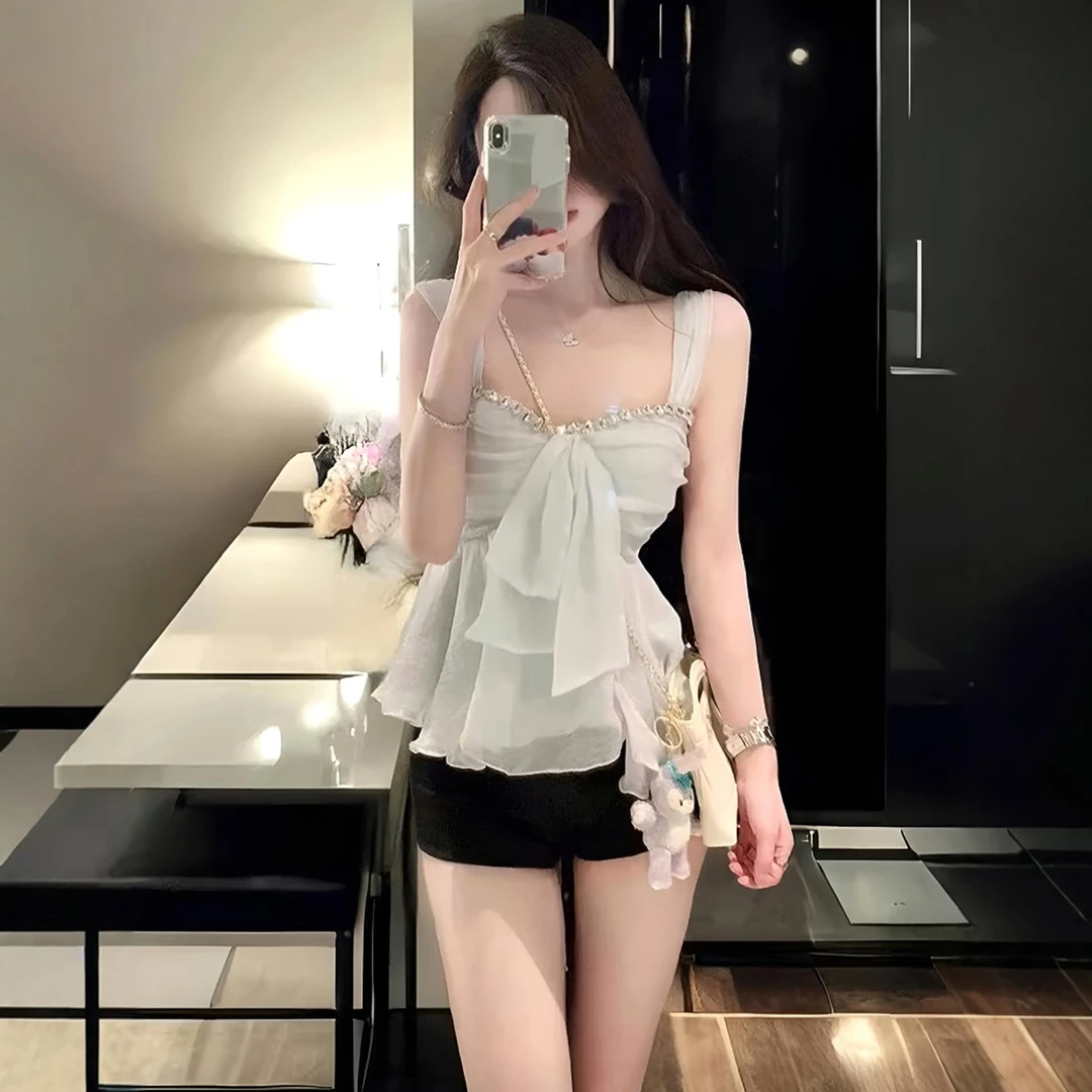 法式减龄漂亮洋气雪纺衫女夏纯欲风蝴蝶结镶钻设计感无袖小衫上A