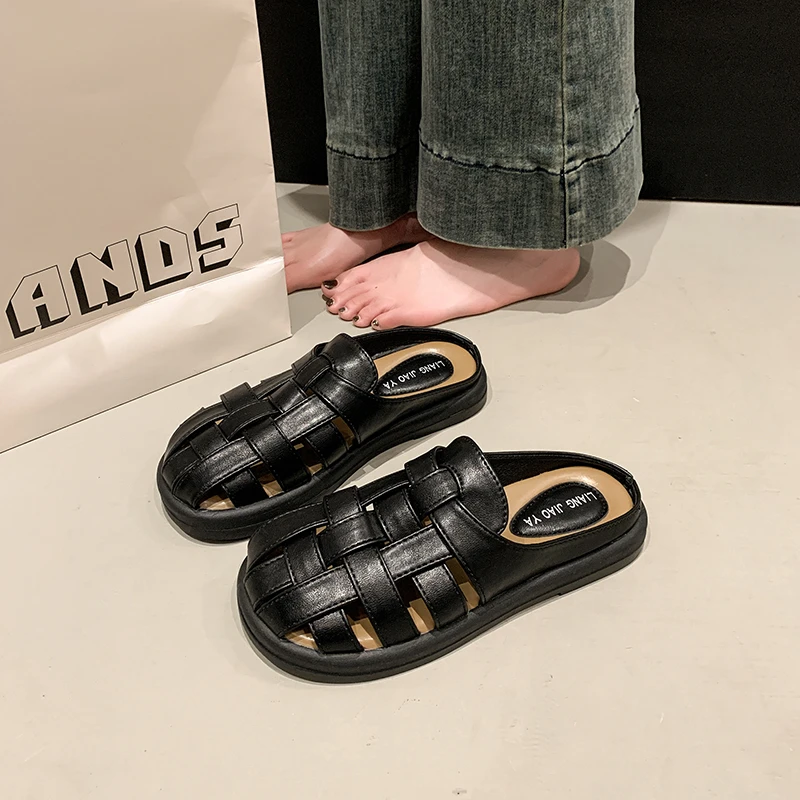 韩版镂空女夏外穿一脚蹬2025新款包头罗马半托百搭小众穆勒鞋