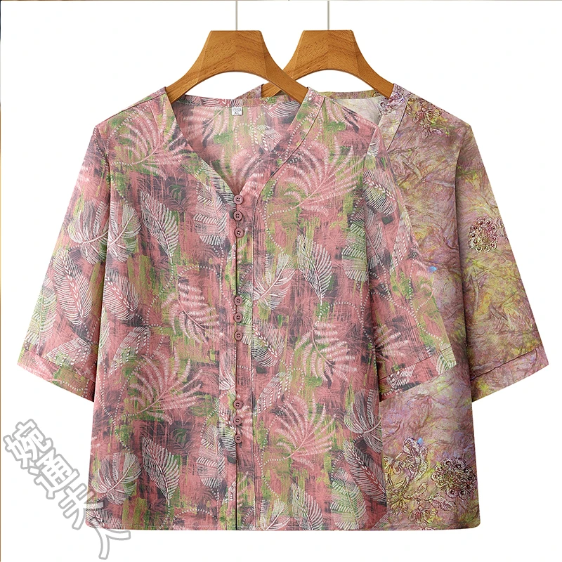 时尚妈妈装夏季新款v领短袖衬衫洋气中老年人薄款印花T恤上衣服女