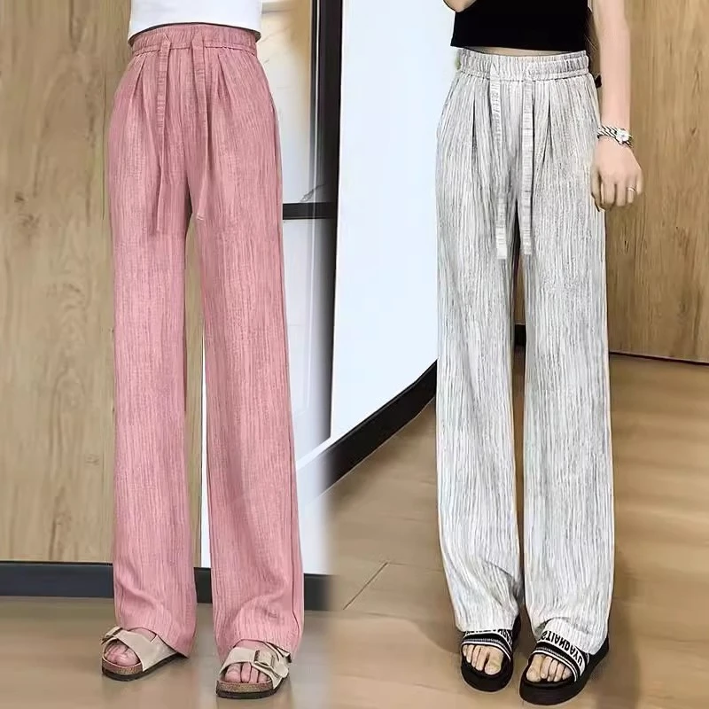 拉夏贝尔阔腿裤女2025春夏季新款松紧腰抽绳肌理感休闲拖地直筒裤