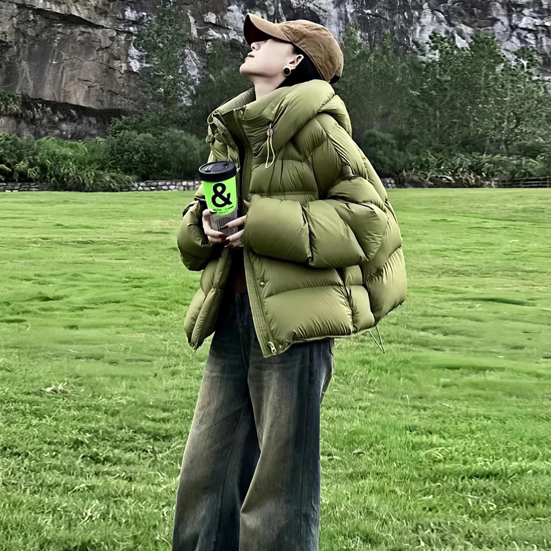 2025冬季韩版新款莱姆绿服女棉衣加厚面包服棉袄连帽外套短款时尚