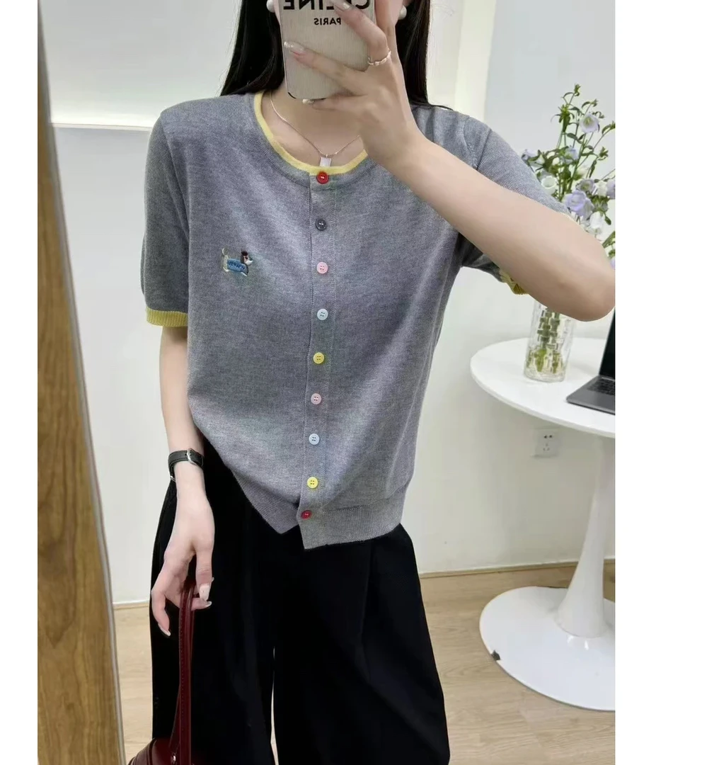 彩扣撞色圆领短袖小狗刺绣休闲百搭夏季针织开衫女25B-03864