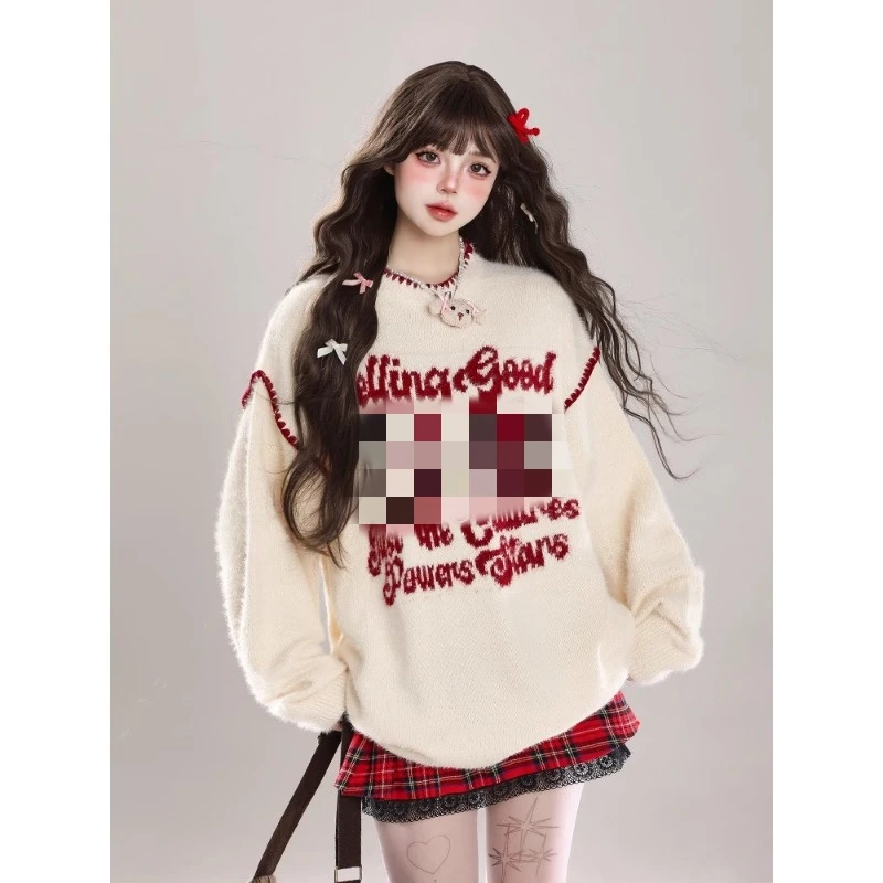 美式复古字母刺绣圆领毛衣女春秋季甜妹穿搭慵懒风宽松针织衫上衣