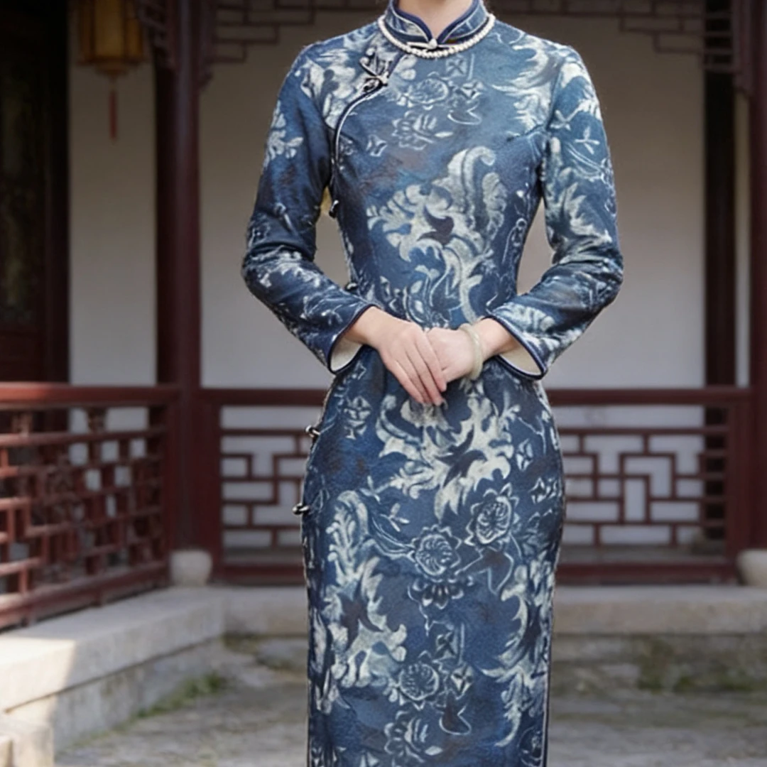 9890-复古新中式夏季曼丽绒修身显瘦女士旗袍连衣裙