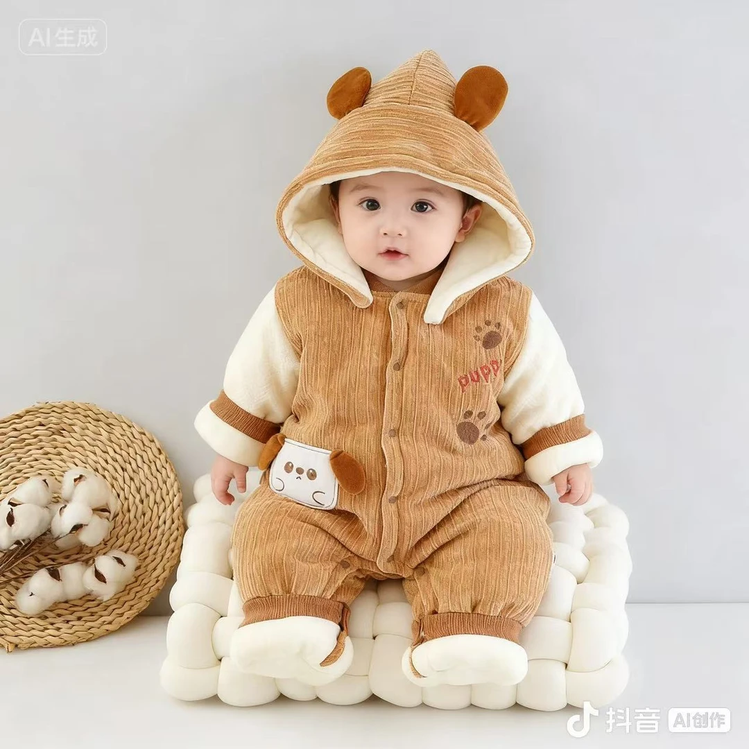 婴儿加绒加棉连帽连体衣冬季宝宝棉服冬款外穿加厚洋气幼儿连身衣
