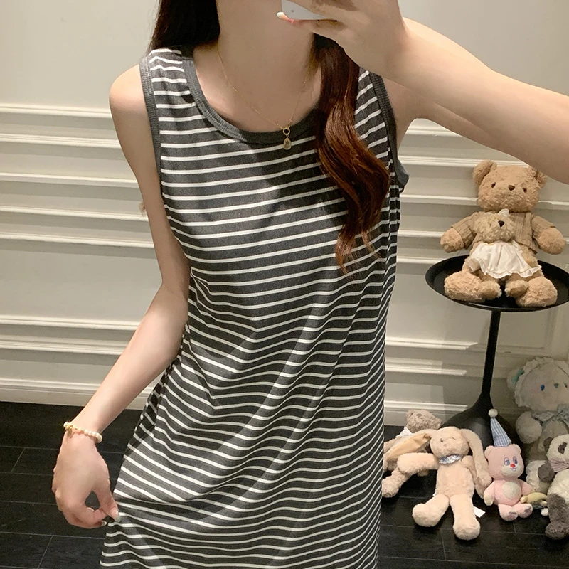 无袖睡裙女夏季女士薄款条纹简约大码韩版显瘦宽松背心中长款睡衣