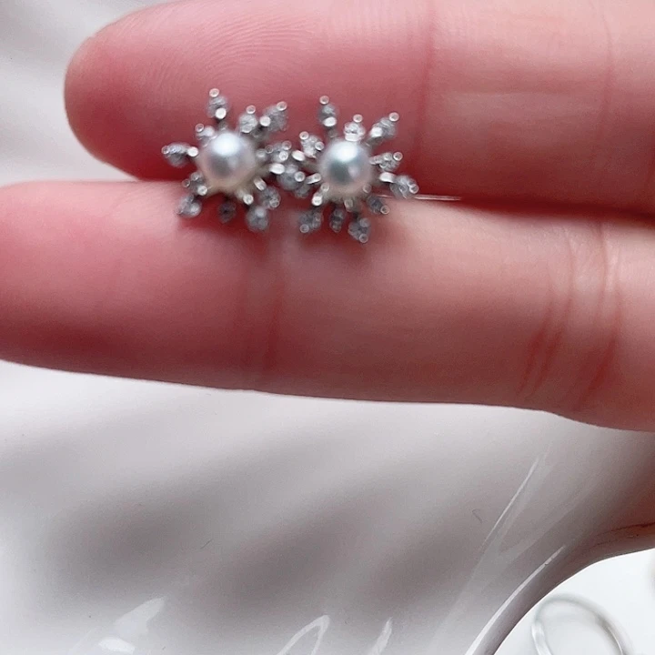 淡水珍珠耳饰银S925镶嵌点*～