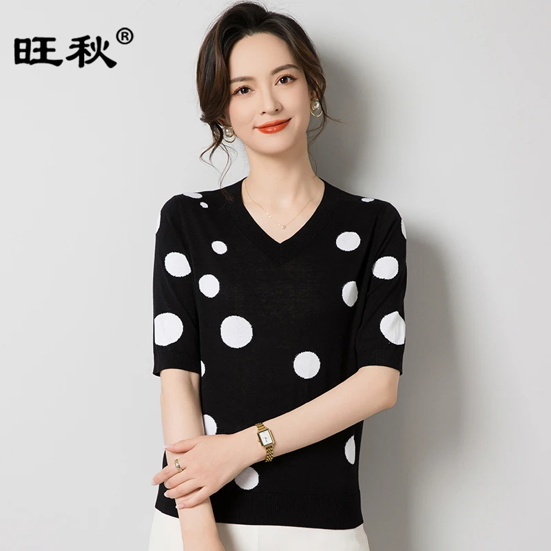 大波点嵌花桑蚕丝针织T恤女士百搭V领真丝上衣透气薄款中袖套头衫