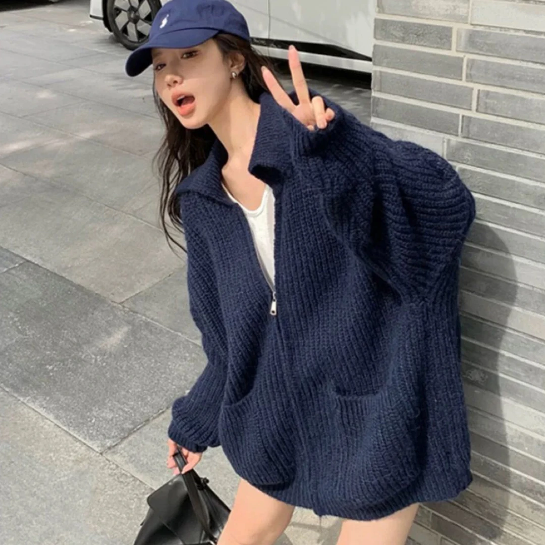 2025慵懒风polo领韩系毛衣拉链口袋宽松新款开衫外套