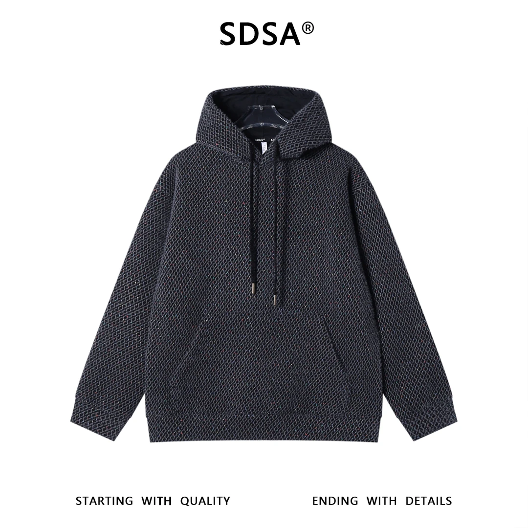 SDSA男士秋冬新款痞帅男装简约提花小格子抽绳连帽卫衣绒毛百搭潮