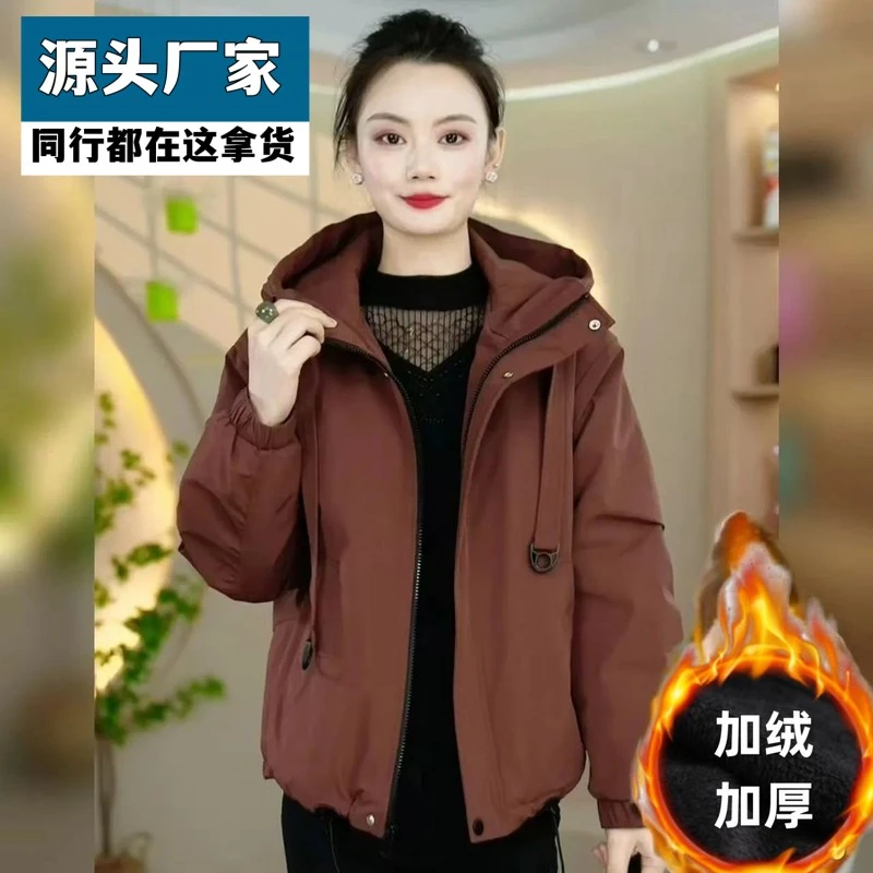 梵乐芬安可拉红2025冬新款防风休闲连帽外套大码宽松显瘦加厚派克