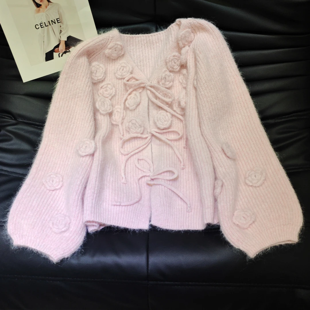 【落日玫瑰】手工花朵针织系带开衫女春新款v领毛衣别致上衣.Y8287