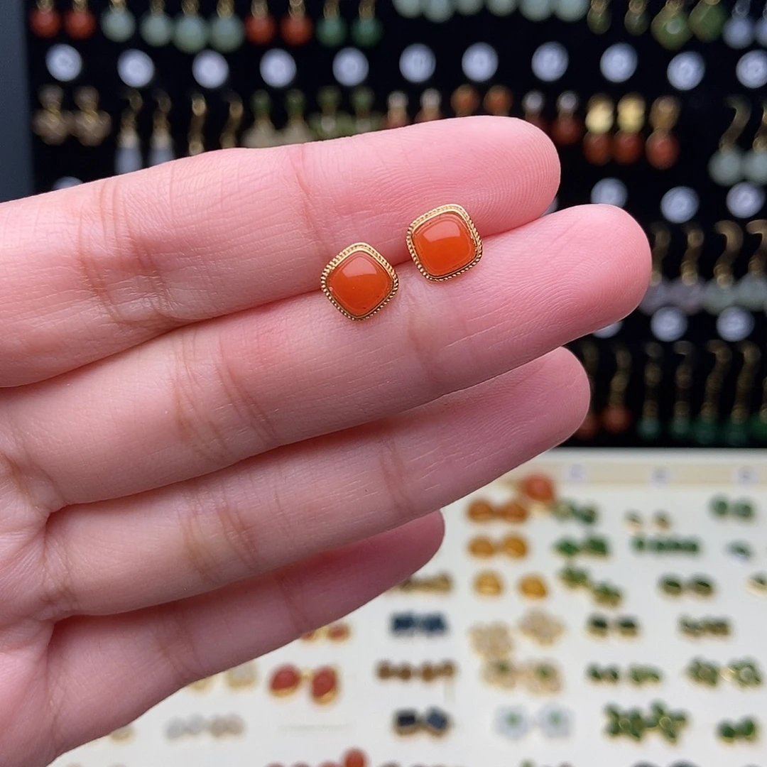 和田玉银S925镀金镶嵌耳饰