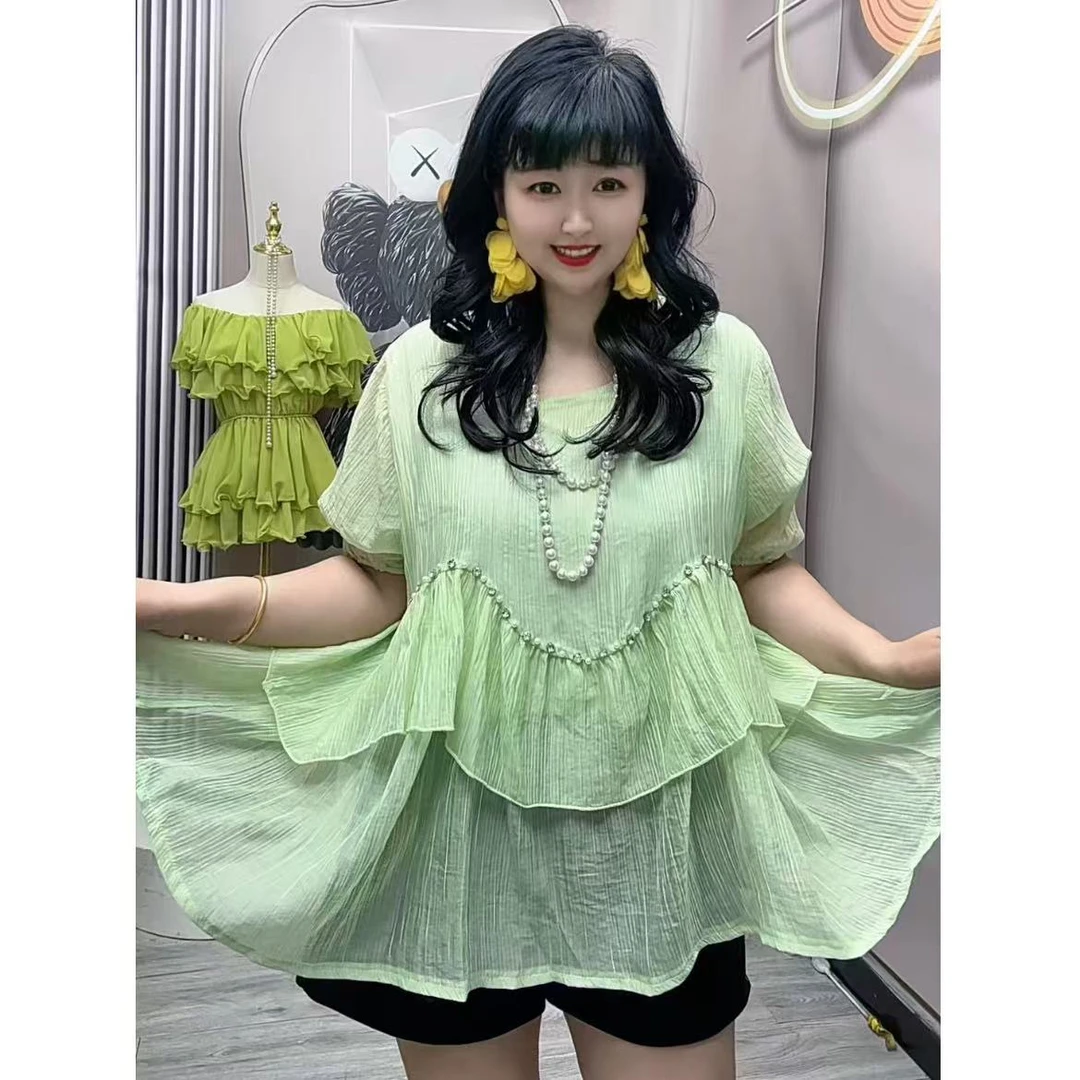 岚岚大码夏季新款韩版圆领重工荷叶边遮肉女神衫上衣876