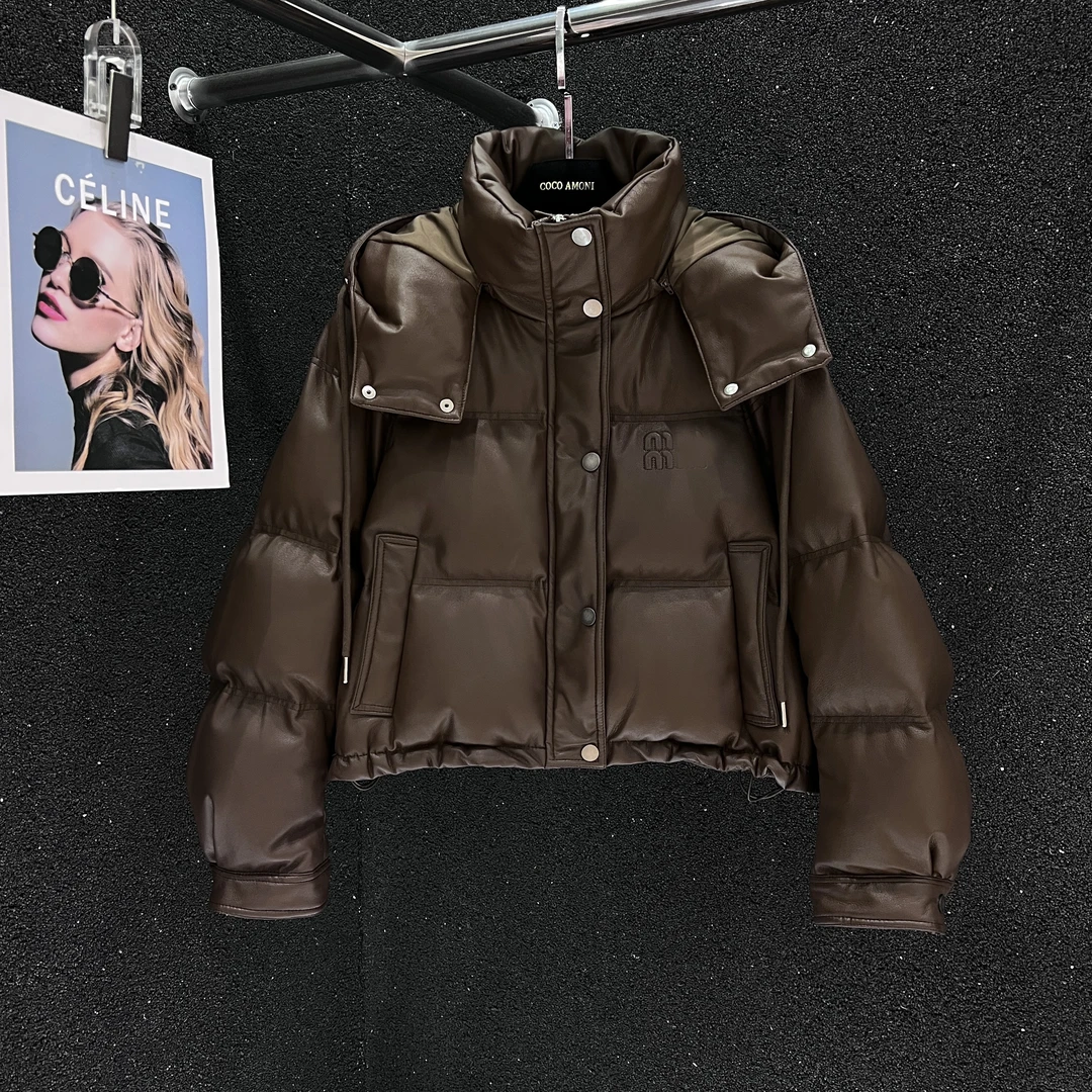 极简风纯色皮面连帽立领短款设计感宽松羽绒服 AB253