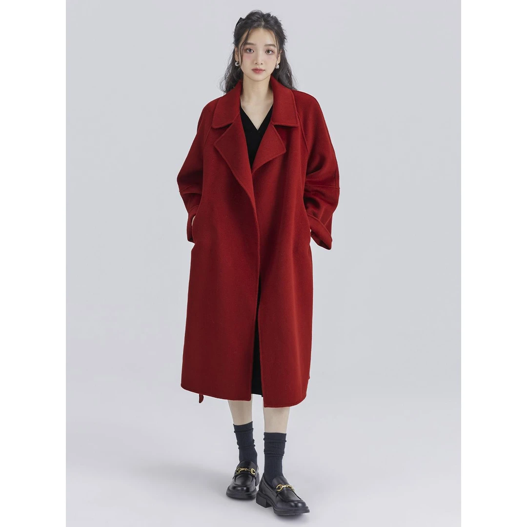 轻熟简约风酒红色双面羊毛中长款女新娘结婚敬酒高级大衣毛呢外套