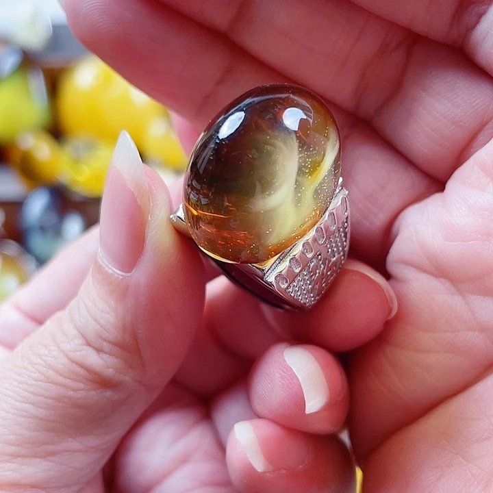琥珀银S925镶嵌裸石戒指