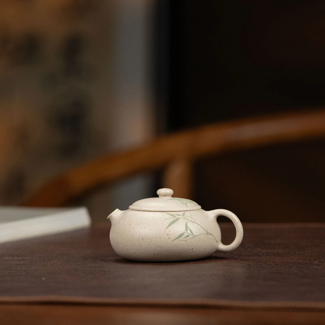 【利贞l文竹小扁西施】原矿白段泥 约80cc 手工制 紫砂壶 茶具MS