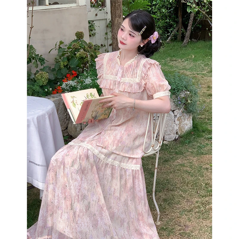 法式复古优雅气质套装女短袖上衣长款半裙两件套07033