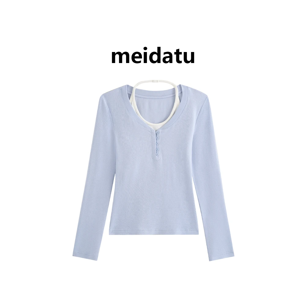 美哒兔（破价款）韩系拼色假两件挂脖吊带上衣（高个子版）BK3783-25G