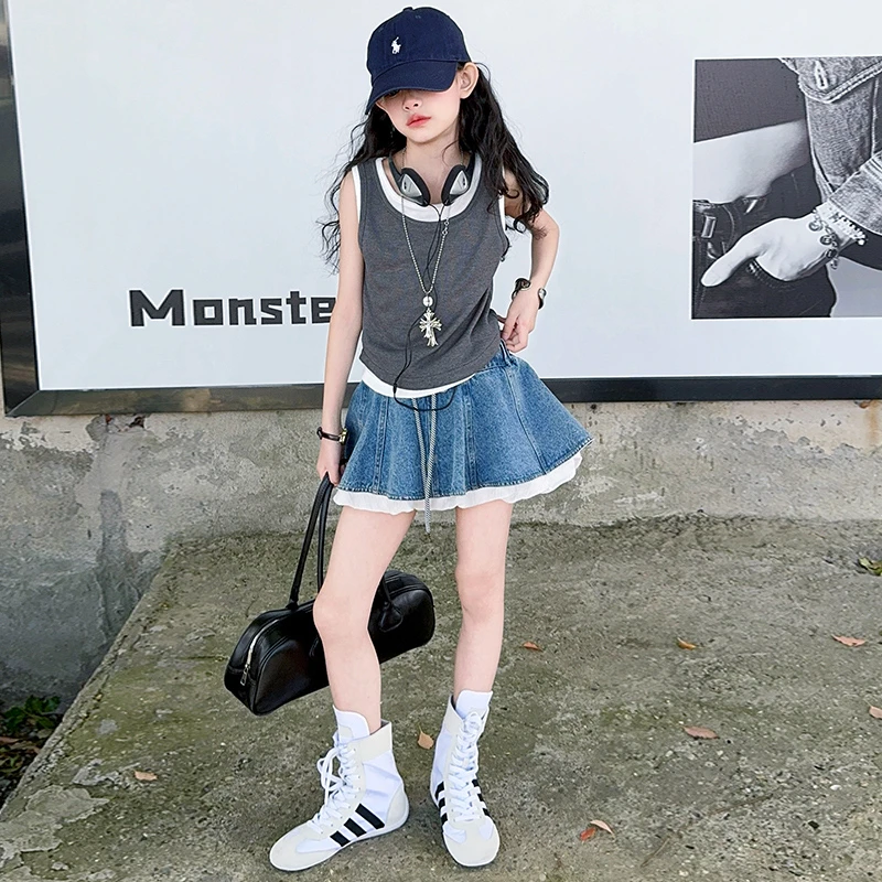 女童牛仔蓬蓬裙假两件上衣两件套装2025夏季新款中大童洋气套装潮