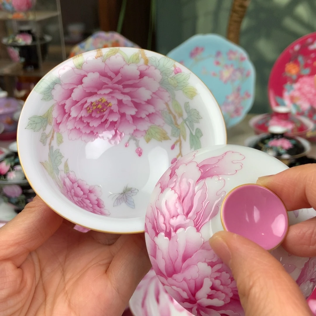 陶景德镇手工手绘胭脂红内外绘