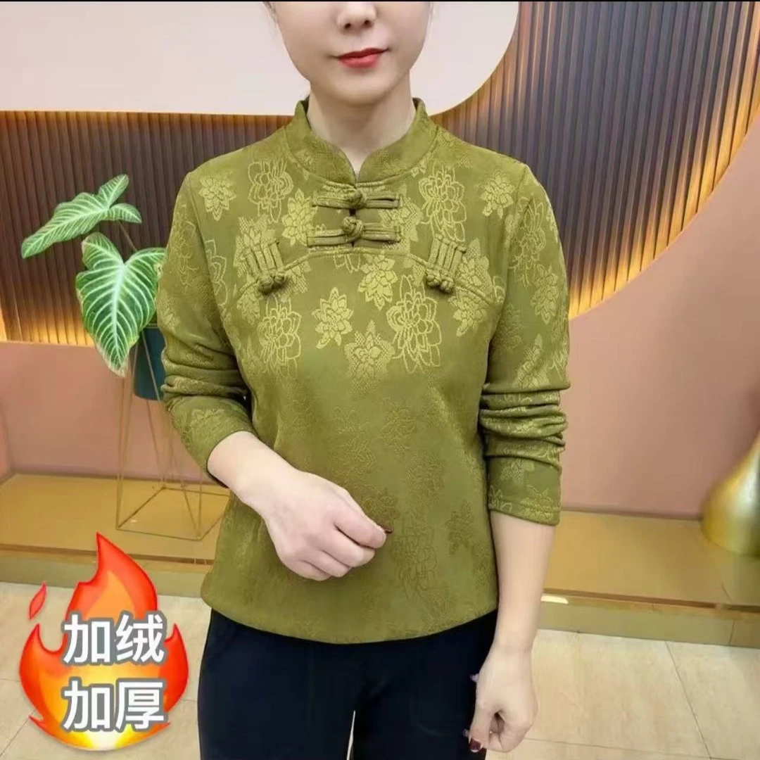 中国风盘扣提花拉绒上衣冬季新款时尚洋气遮肉修身百搭红打底衫女