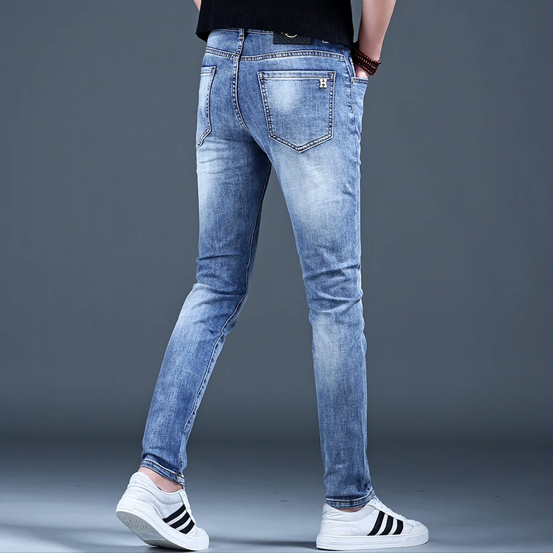 2025年新款夏季薄牛仔裤男潮牌修身小脚裤显瘦弹力男士休闲长裤子