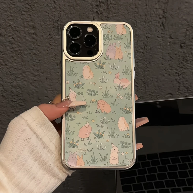 适用苹果16pro手机壳iPhone15电镀银框皮革华为p草地兔子mate新款