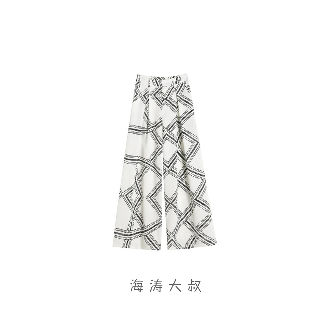 【海涛大叔】「几何亚麻」几何图形清凉冰丝亚麻阔腿裤