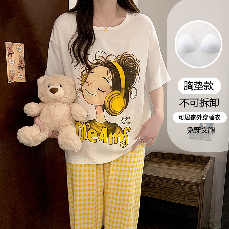 带胸垫卡通短袖长裤可外出睡衣女夏季休闲简约睡衣家居服套装6033