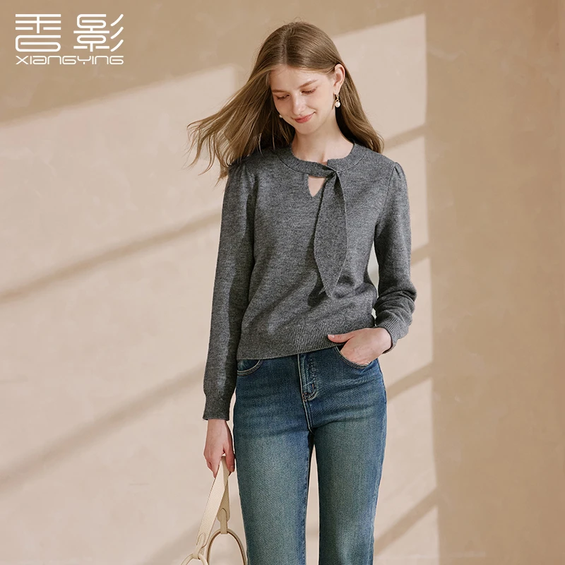 M75W558针织衫 香影灰色镂空针织衫女冬季新款高智感飘带小个子