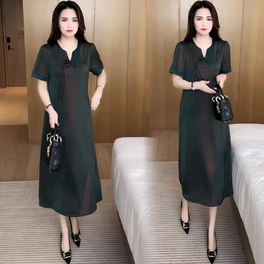 时尚洋气妈妈装国风连衣裙高级感2025夏季新款过膝遮肉大码T恤裙