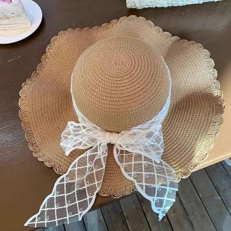 蝴蝶结百搭太阳帽遮阳帽海边帽子女款夏季草编蕾丝女