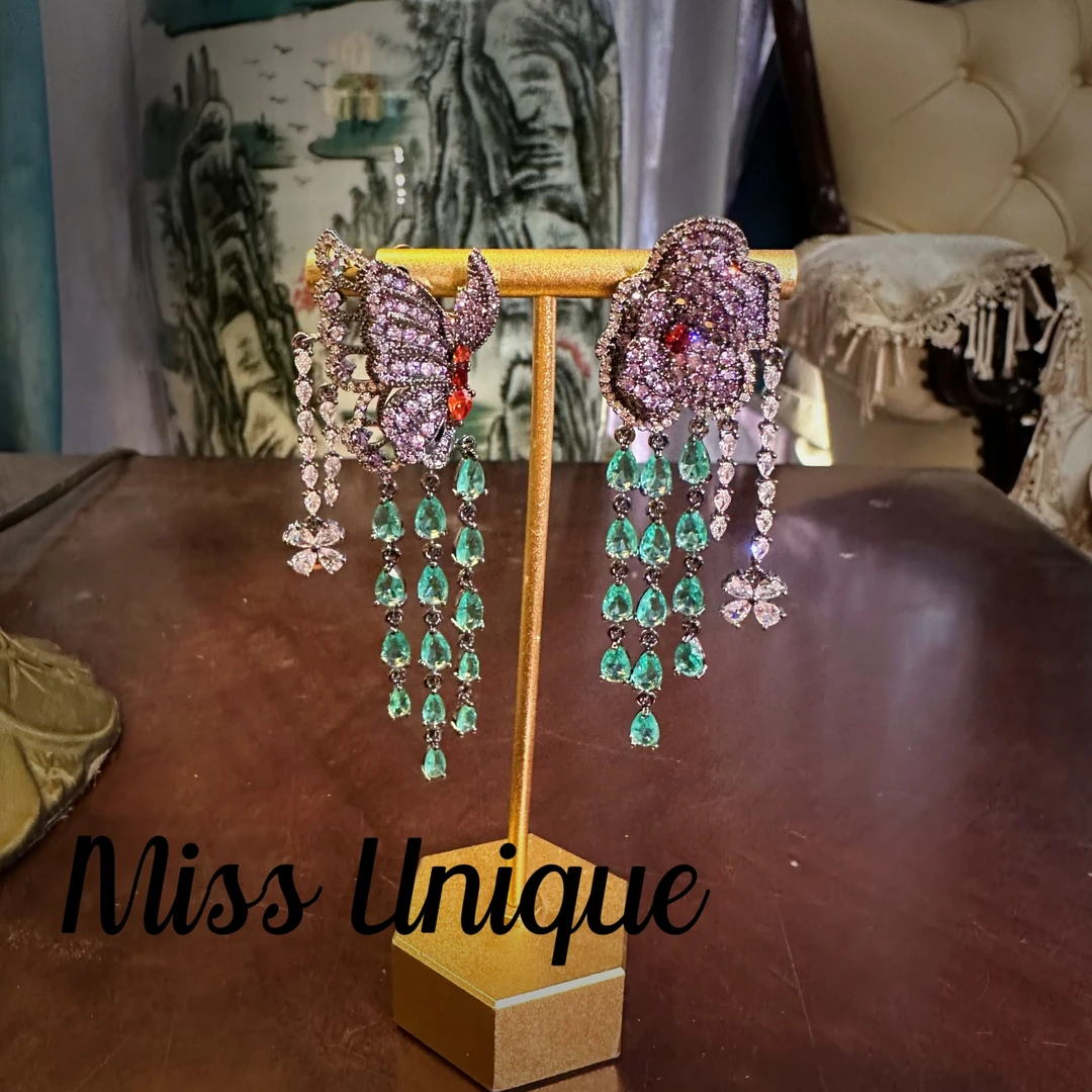 B1710黑底AB款紫蓝色蝴蝶花朵耳环