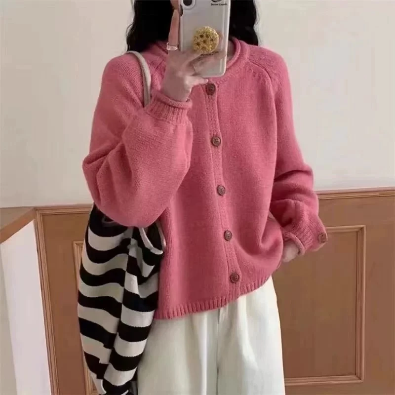 佩佩 卷边新款女装慵懒风宽松纯色针织开衫女毛衣外套上衣036