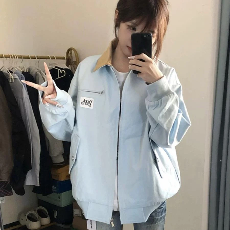 式复古外秋季2025款潮牌撞色翻领宽松侣球服克上衣
